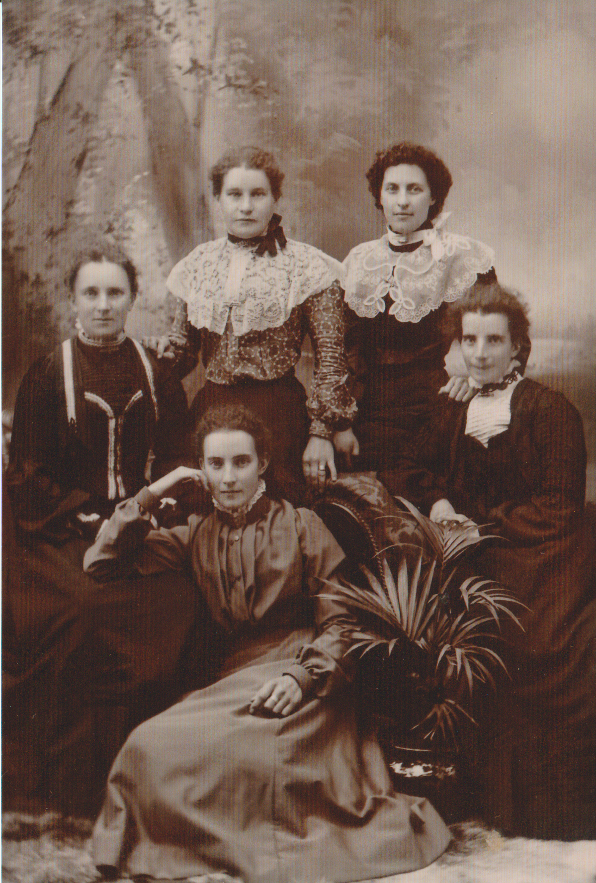 Studio portrait of five women in dark dresses. Three of the women are seated and the other two women are standing behind them. There is a flax plant in the foreground.