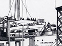 Drawing of cars being loaded on to ferry