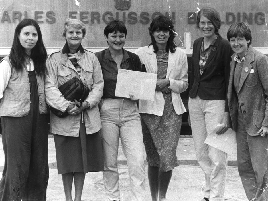 Registration day for the Early Childhood Workers’ Union, Wellington, March 1982.  From left Kate Marshall, Sonja Davies, Jeannie Truell, Jean Pearson (Simpson), Helen Cook (May), Hillary Watson.