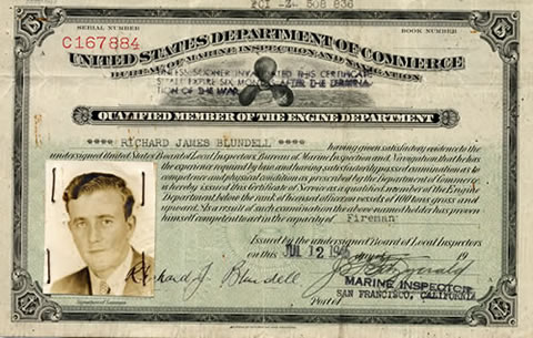 Jim Blundell's United States merchant marine certificate